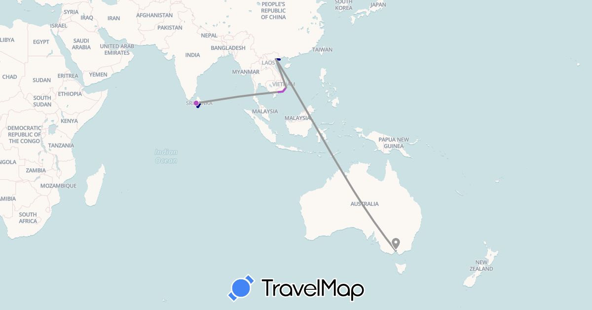 TravelMap itinerary: driving, plane, train in Australia, Sri Lanka, Vietnam (Asia, Oceania)
